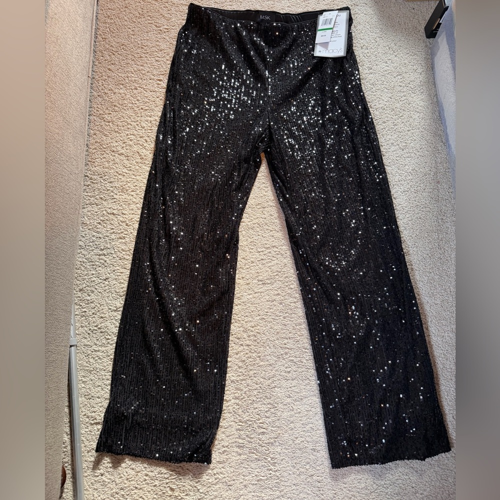 Macy’s MSK Women's Sequined Pull-On High Rise Flat-Front Pants Black Large NWT